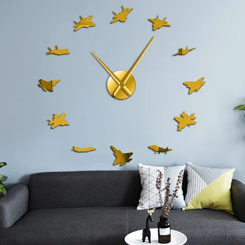 3D Acrylic Mirror Wall Clock Fighter Plane DIY Wall Sticker Modern European Style Living Room Home Decor Art Clock
