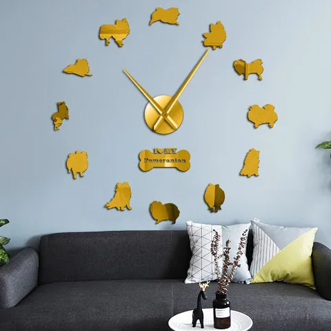 Dwergkeeshond Acryl 3D Spiegel Wandklok DIY Stille Grote Muursticker Klok Europese Woonkamer Huisdecoratie