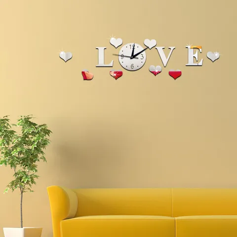 Acrylic Love Letter Mirror Wall Clock DIY Removable Wall Sticker Quartz Silent Clock For Living Room Bedroom Home Decor