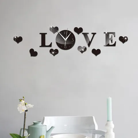 Acrylic Love Letter Mirror Wall Clock DIY Removable Wall Sticker Quartz Silent Clock For Living Room Bedroom Home Decor