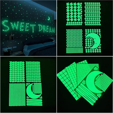 Autocollants Muraux Fluorescents Étoile Lune Point Cœur Grille Lumineux DIY Brille Dans La Noirceur Chambre Décoration Murale