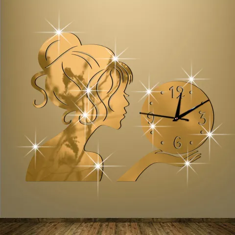 Acrylic Girl Mirror Wall Clock Mute Wall Sticker Modern Art Design Home Decor for Living Room Bedroom Study