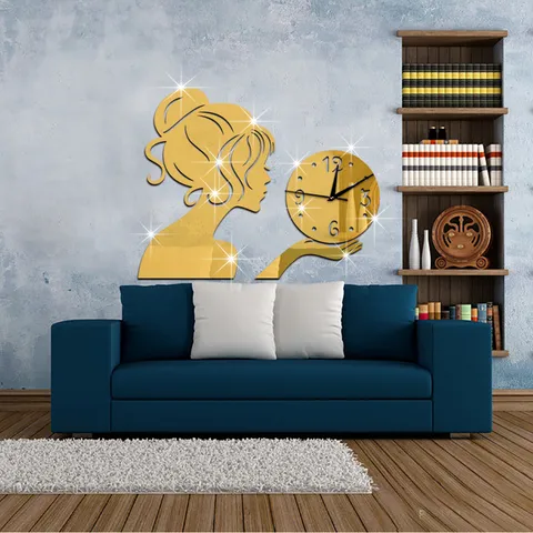 Acrylic Girl Mirror Wall Clock Mute Wall Sticker Modern Art Design Home Decor for Living Room Bedroom Study