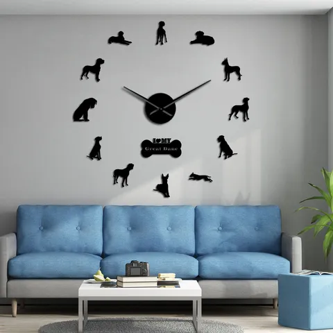 Large DIY Wall Clock Acrylic Mirror Great Dane Dog Silhouette Wall Sticker Modern European Style Home Living Room Decor