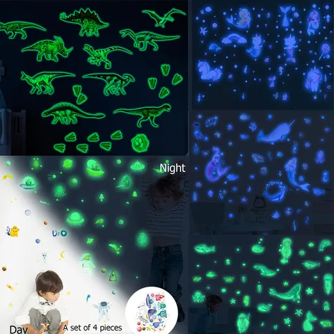 Stickers Muraux Lumineux dans le Noir Dinosaure Sirène Espace Autocollants Muraux Fluorescents Lumineux pour Chambre d'Enfant Chambre Décoration