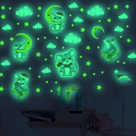 Stickers Muraux Lumineux dans le Noir Dinosaure Sirène Espace Autocollants Muraux Fluorescents Lumineux pour Chambre d'Enfant Chambre Décoration