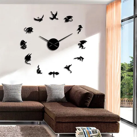 Modern European Style Large DIY Acrylic Mirror Wall Clock 3D Flying Dragon Wall Sticker Clock Living Room Home Decor