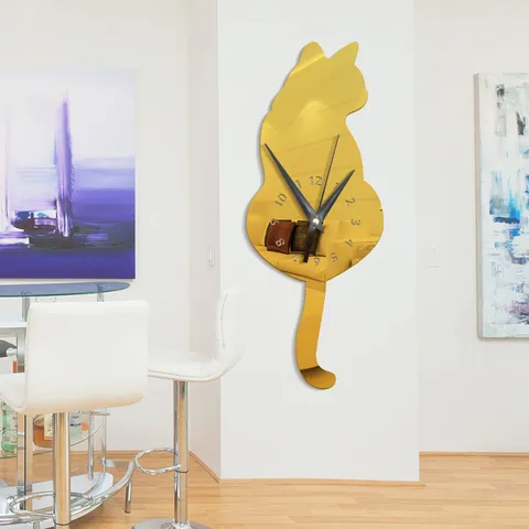 Modern DIY Acrylic Mirror Wall Clock Cat Shape Silent Quartz Clock Home Decor