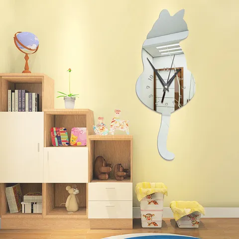 Modern DIY Acrylic Mirror Wall Clock Cat Shape Silent Quartz Clock Home Decor