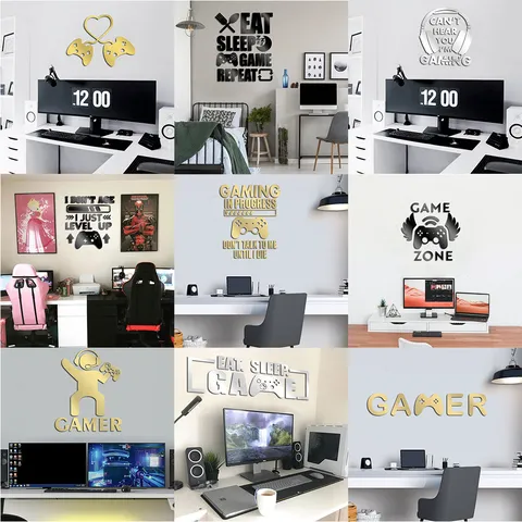 Sticker Mural Miroir en Acrylique Manette de Jeu Slogan Décalcomanie Imperméable Auto-Adhésif Art Mural pour Chambre Salon