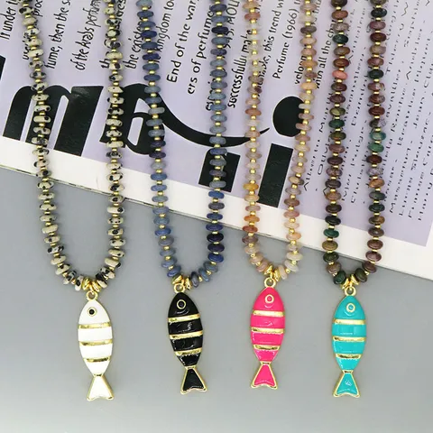 Natuursteen Kralenketting Met Kleurrijke Emaille Kleine Vis Hanger Europese Stijl Mode Sleutelbeenketting Voor Vrouwen