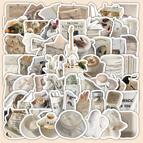 Set di Adesivi Beige Estetici Carini Decalcomanie Decorative Per Scrapbook Per Diario Custodia per Telefono Borraccia Forniture Per Artigianato Fai da Te