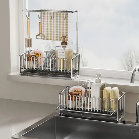 Stainless Steel Kitchen Dish Drying Rack Sink Storage Organizer Sponge Holder With Drainboard Rag Bar For Countertop
