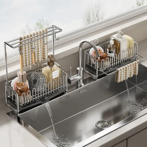 Stainless Steel Kitchen Dish Drying Rack Sink Storage Organizer Sponge Holder With Drainboard Rag Bar For Countertop