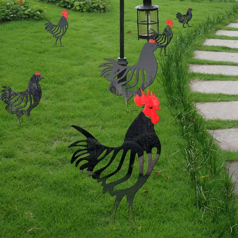 Acrylic Rooster And Hen Yard Art Outdoor Garden Stake Black And Red Silhouette Lawn Yard Decor Farmhouse Backyard Landscaping Ornament
