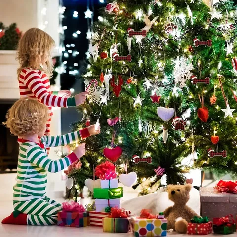 Ornements d'Arbre de Noël en Bois Patte de Chien et Os Décorations Suspendues Carreaux Buffalo Imprimé Décoration de Fête