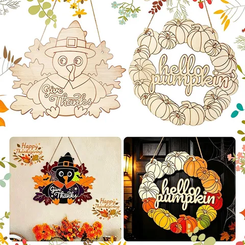 DIY Unfinished Wood Halloween Christmas Thanksgiving Hanging Tags Natural Wood Slices Holiday Door Window Decoration Laser Cut Festive Crafts