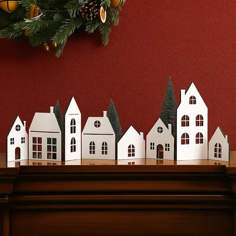Faltbare Hölzerne Weihnachts Dorf Tischdekoration LED Licht Weißes Winterdorf Display Desktop Ornament Heimdekoration