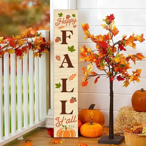 Enseigne de Bienvenue Verticale en Bois Décoration de Porte de Ferme Saisonnière Noël Halloween Automne Panneau sur Pied pour Cour Maison