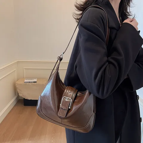 Retro PU Leather Crossbody Hobo Bag Large Capacity Glossy Shoulder Bag Elegant Flap Dumpling Underarm Tote Bag For Commuting Women