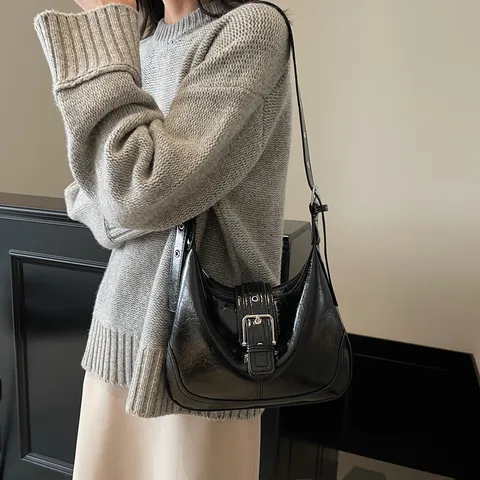 Retro PU Leather Crossbody Hobo Bag Large Capacity Glossy Shoulder Bag Elegant Flap Dumpling Underarm Tote Bag For Commuting Women