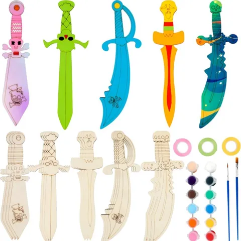 Wooden Pirate Theme DIY Craft Painting Set Unfinished Wood Swords Pigments Brushes Ribbons Kids Educational Toys
