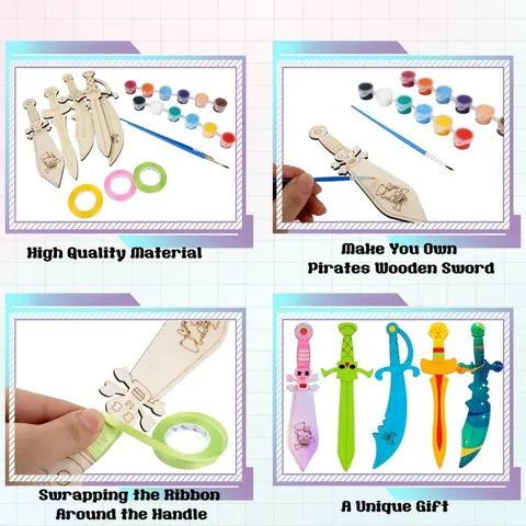 Wooden Pirate Theme DIY Craft Painting Set Unfinished Wood Swords Pigments Brushes Ribbons Kids Educational Toys