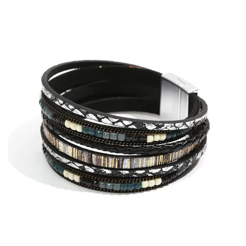 Bohemian Multi Layer PU Leather Braided Bracelet For Women Men Gemstone Beads Magnetic Clasp Fashion Wristband Jewelry