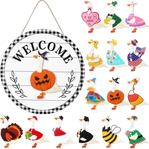 Cartello di Benvenuto Stagionale Intercambiabile per Porta d'Ingresso Decorazione Rustica in Legno con Oca per Halloween Natale Ringraziamento
