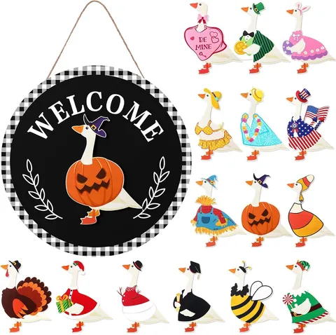 Cartello di Benvenuto Stagionale Intercambiabile per Porta d'Ingresso Decorazione Rustica in Legno con Oca per Halloween Natale Ringraziamento