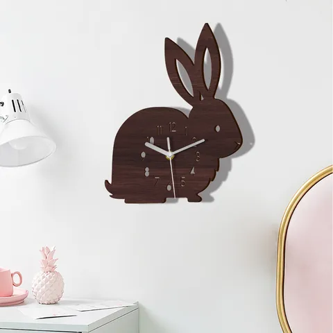 Wooden Cartoon Rabbit Wall Clock Silent Non Ticking Cute Animal Wall Hanging Clock For Kids Room Bedroom Decor