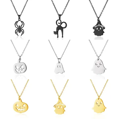 Halloween Edelstahl Anhänger Halskette Gold Silber Schwarz Geist Kürbis Spinne Katze Hexenhut Gothic Schmuck Für Damen Herren