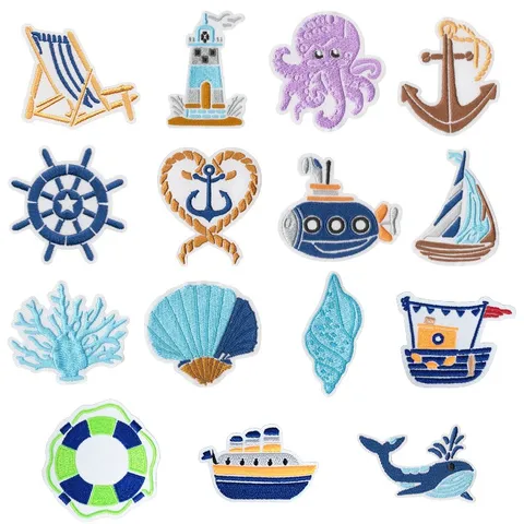 Ocean Sailor Series Embroidery Iron On Patches Cute Marine Animal Applique DIY Clothing Bag Phone Case Decor