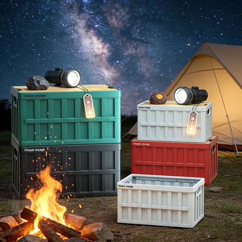 Outdoor Camping Folding Storage Box Car Trunk Organizer Plastic Portable Picnic Storage Container With Wooden Lid Large