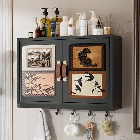 Wall Mounted Storage Cabinet Plastic Retro Art Pattern Hanging Organizer Shelf For Bathroom Kitchen Home Storage