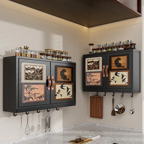 Wall Mounted Storage Cabinet Plastic Retro Art Pattern Hanging Organizer Shelf For Bathroom Kitchen Home Storage