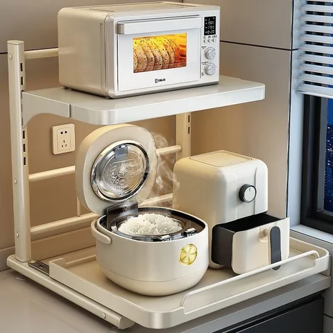 Kitchen Microwave Oven Rack Multifunctional Countertop Storage Shelf Carbon Steel Pull-Out Oven Holder Organizer