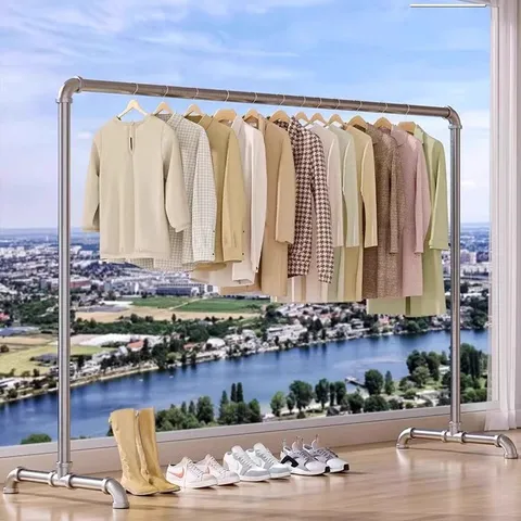 Heavy Duty Steel Clothes Rack Floor Standing Garment Pole Industrial Pipe Drying Rack Adjustable Bedroom Balcony Storage