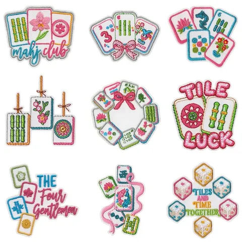 Kreativer Floraler Mahjong Stickaufnäher zum Aufbügeln Applikation DIY Dekoratives Abzeichen für Kleidung Taschen