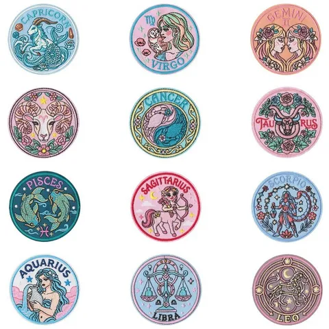 Vintage Zodiac Constellation Round Embroidered Cloth Patch Cute Girl Badge Iron-On Patches For Clothes Backpack DIY