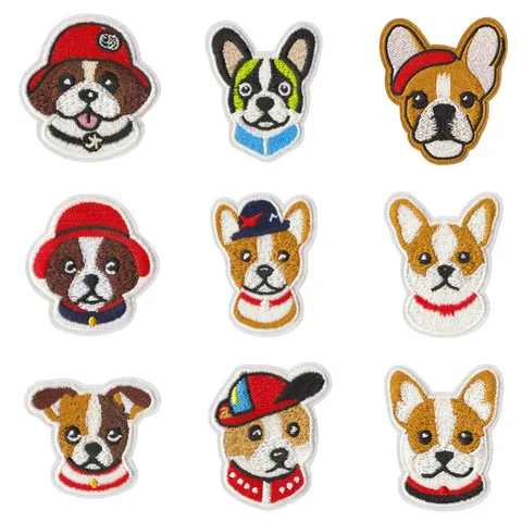 Cute Puppy Dog Head Embroidery Patches Polyester Cotton Corgi Bulldog Appliques For Clothes Jeans Backpack Badges