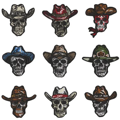 Écusson Brodé Tête de Mort Chapeau de Cowboy Biker Punk Applique Thermocollant Pour Vêtement Veste Décoration DIY