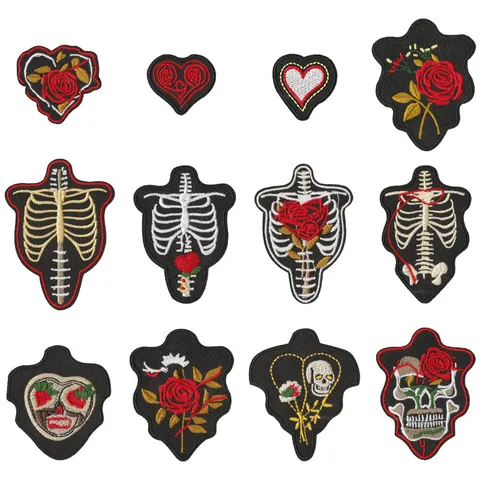 Écussons Brodés de Moto Style Punk Squelette Rose Crâne Badge Thermocollant Tissu Applique Accessoires de Vêtements