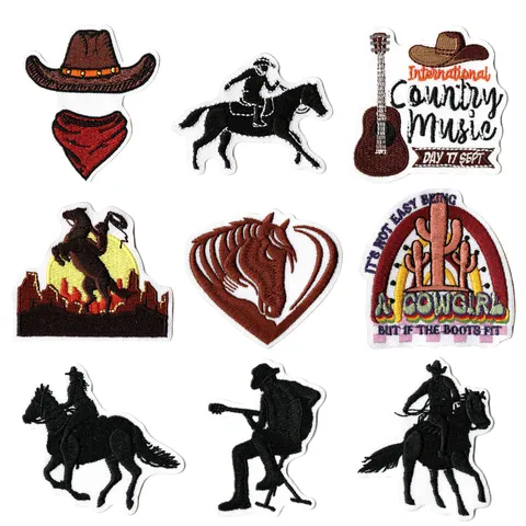 Western Cowboy Cartoon Horse Guitar Patch Computer Embroidered Garment Accessory Clothing Repair Patch