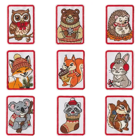 Christmas Forest Animal Embroidery Patches Cute Cartoon Iron On Badges For Clothes Hats DIY Decorative Applique Craft
