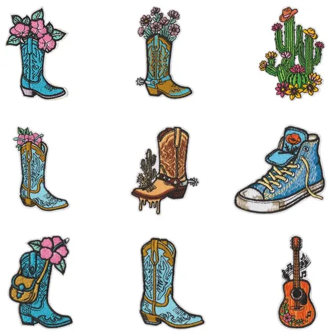Amerikanischer Vintage Western Cowboy Stickerei Flicken Polyester-Baumwolle Kaktus Gitarre Floral Stiefel DIY Applikation Abzeichen