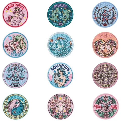 Vintage Zodiac Constellation Round Embroidered Cloth Patch Cute Girl Badge Iron-On Patches For Clothes Backpack DIY