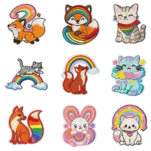 Toppe Ricamate per Riparazione Abbigliamento Bambini Simpatico Animale Cartone Animato Arcobaleno Volpe Gatto Coniglio Stemma Termoadesivo