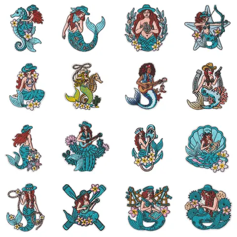 Vintage Mermaid Embroidery Patches Iron On Retro Nautical Cactus Guitar Applique Clothing Repair Badge DIY Craft