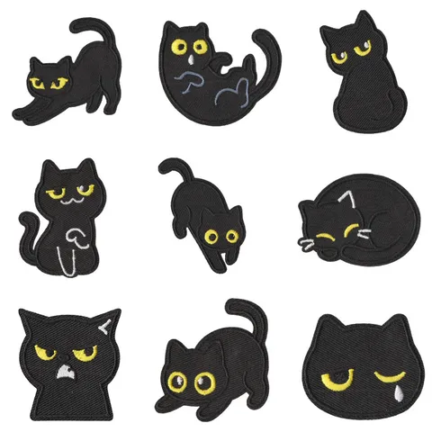 Black Cat Embroidered Patch Cartoon Animal Badge Iron On Applique For Clothing Repair DIY Decorative Fabric